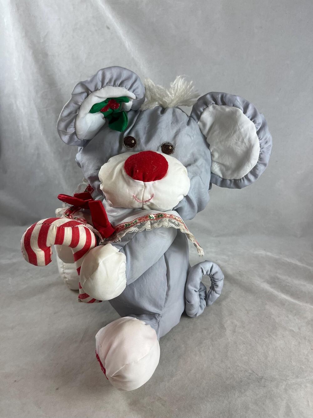80s Fisher-Price Puffalump Holiday Gray Mouse Candy Cane Bib #8016 Vintage 1987